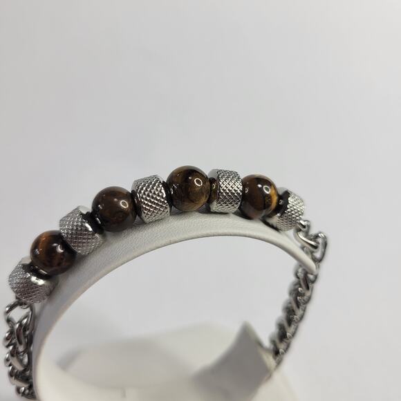 STEELTIME Men's Stainless Steel Wheat Chain Tiger Eye Beads Bracelet NEW - Picture 5 of 7